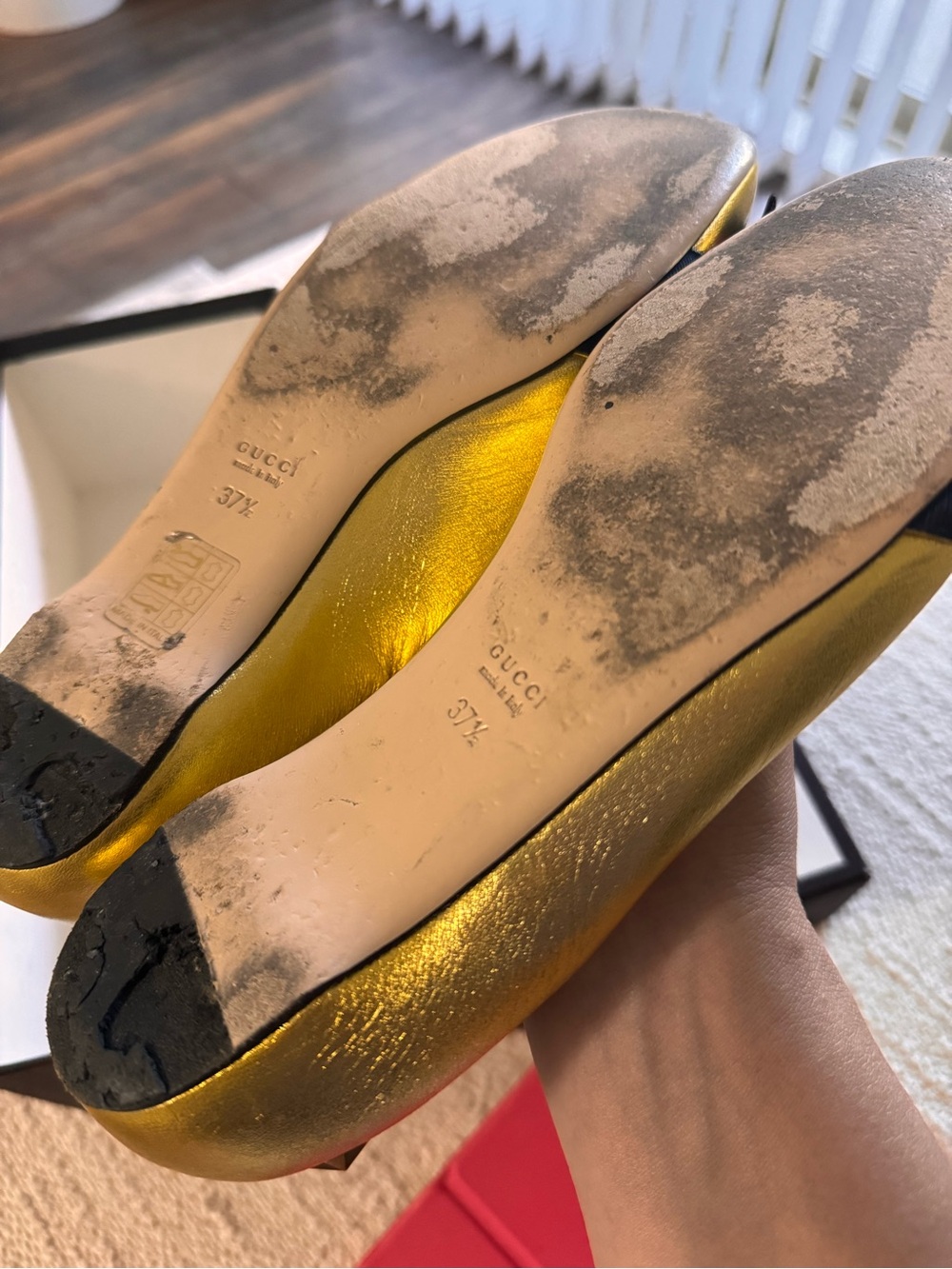 Gucci Sylvie Web Bow Metallic Gold Leather Ballet Flats –Size 37.5 –Box Included - Picture 8 of 8